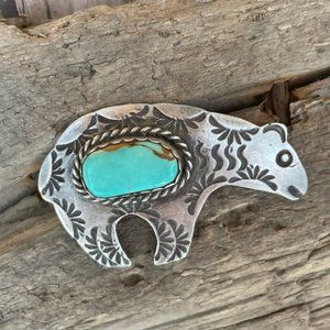 Signed AJC Native American Navajo Sterling Silver Turquoise Bear Pin